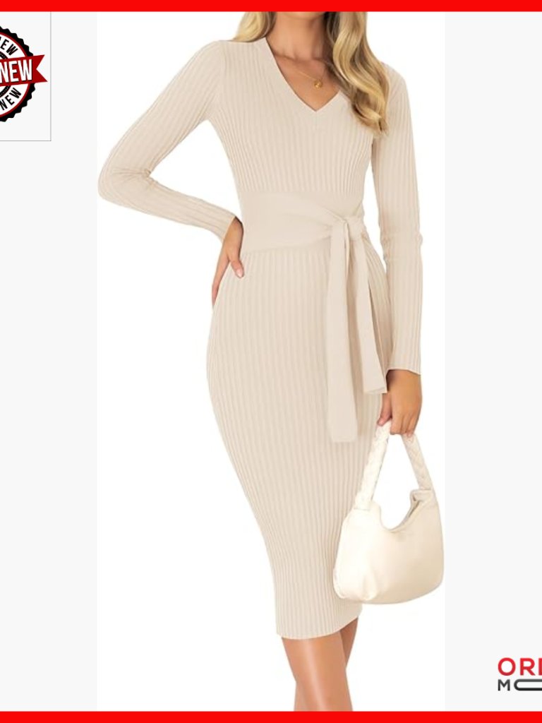 V-Neck Ribbed Knit Sweater Dress, Bodycon Midi With Tie Waist